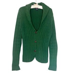 CHAPS Denim Green Cable Knit Shawl Collar Cardigan Mens L Elbow Patch Grandpa